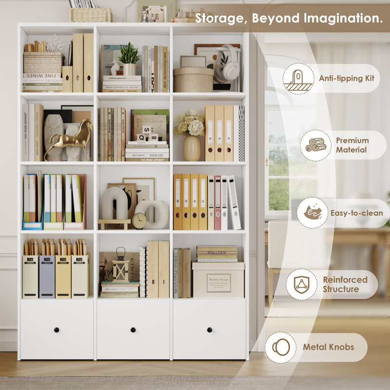 69" H x 47.2" W Tall Bookcase with 3 Drawers, 5-Tier Modern Bookshelf with 13.6" Extra-High Shelves, Large Display Shelf with 12 Open Cubes for Living Room Home Office, White Bookcase