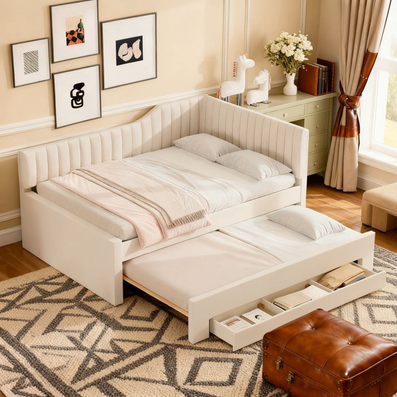 Upholstered Daybed with Trundle and Three Drawers, Beige