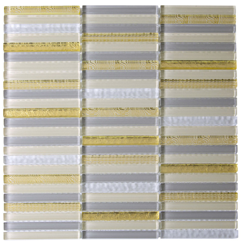 11.8" X 11.8" Glass Mosaic Tile, Beige/Gold