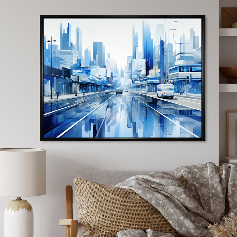 Abstract Future City Road - Cityscapes Canvas Art Print, Cadre flottant noir, H 24 po x l 32 po x P 1 po
