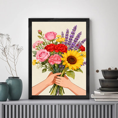 Art encadré noir, deux mains différentes tenant des bouquets colorés, impressions encadrées de style rétro