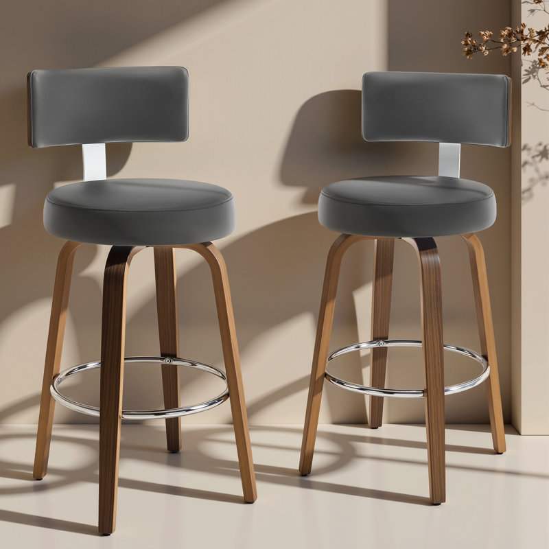 2PCS Swivel Bar Stools, Faux Leather Kitchen Stools Upholstered Barstools With Back, Grey