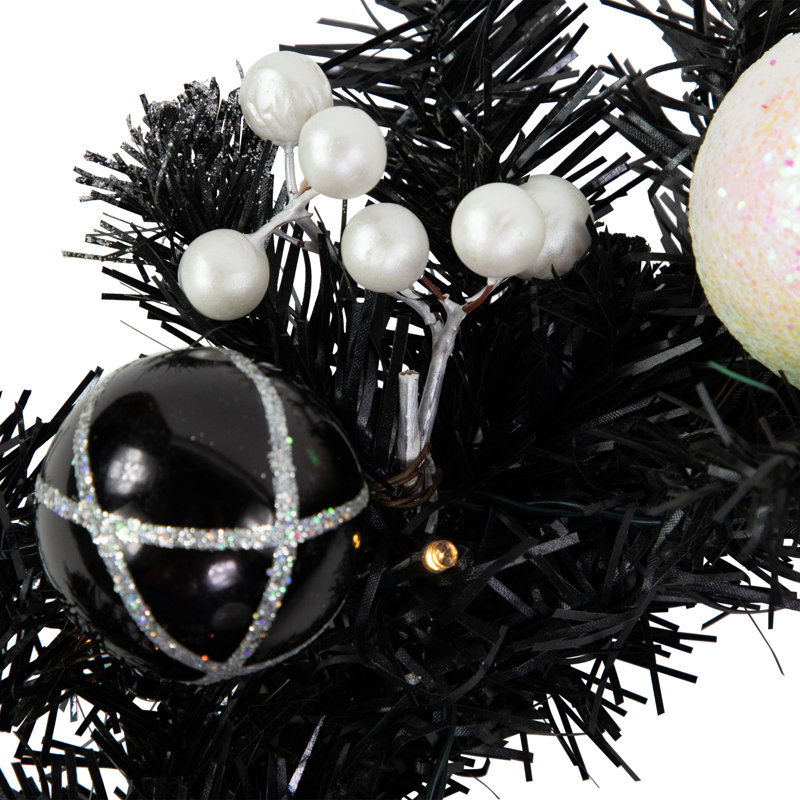 Pre-Lit LED Battery Operated Black Pine Christmas Wreath - 16" - Cool White Lights
