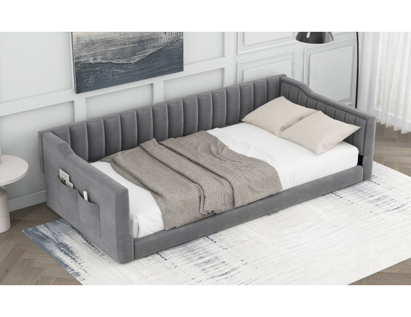 Twin XL Size Upholstered Daybed with Side Storage Pocket - No Box Spring Needed, Gray, Gray, Twin