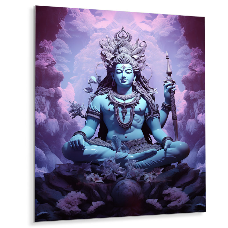 Shiva bleu sur un trône, portail de nuages mauves - Hindouisme, Métal métal, H 20 po x l 12 po x P 1 po