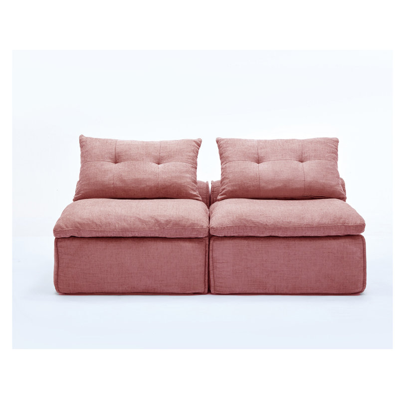 Ernesto Boneless Armless Chenille Compression Sectional Sofa with Neck & Lumbar Pillow, Pink