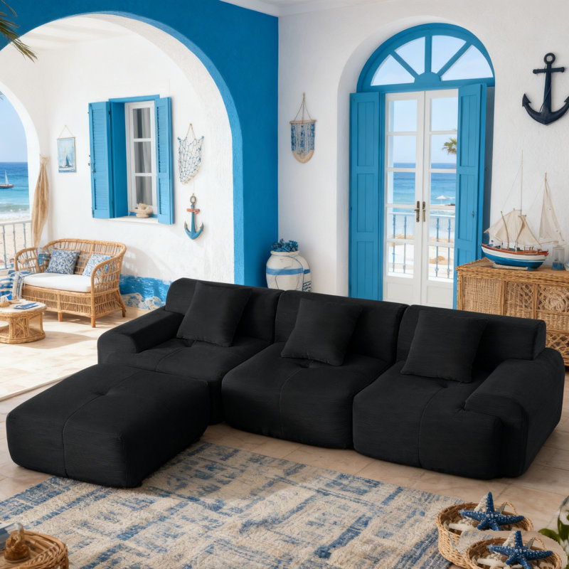 113" L-Shaped Modular Sectional Sofa Filled with Foam, Black