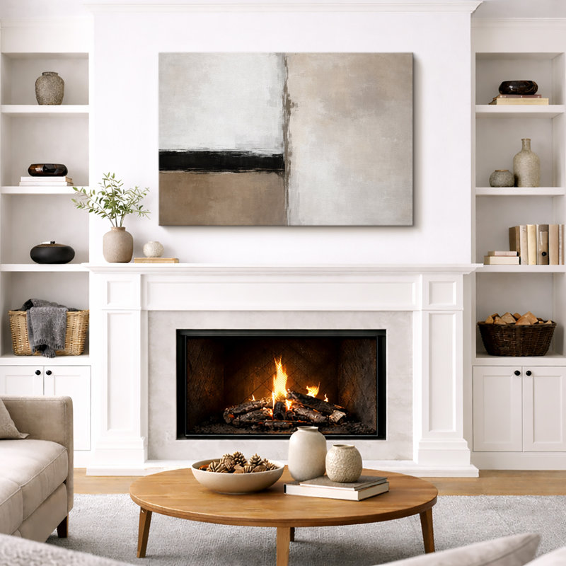 Composition de bloc neutre minimaliste, accent horizontal noir avec équilibre géométrique beige et blanc, conception abstraite contemporaine, impression sur toile encadrée, impression numérique