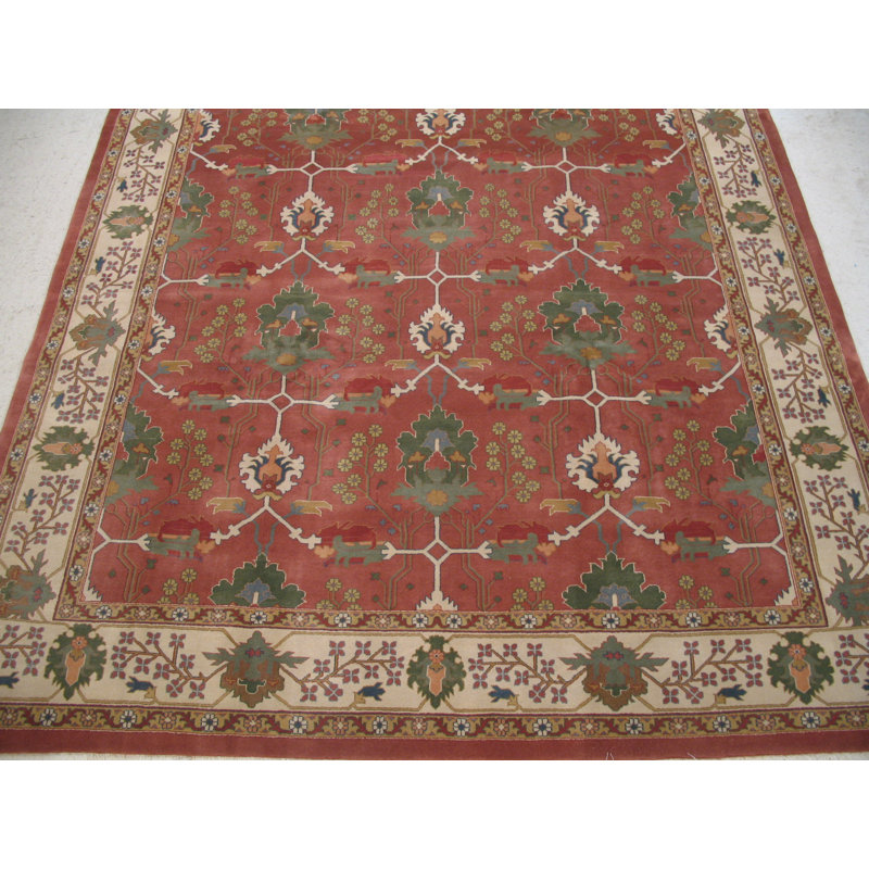 Oriental Hand-Knotted Wool Salmon/Green/Beige/Blue Area Rug, Rectangle 12'9" x 20'1"