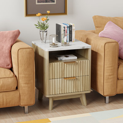 18" W Fluted Nightstand with 2 Drawers, Faux Marble Top by Wrought Studio