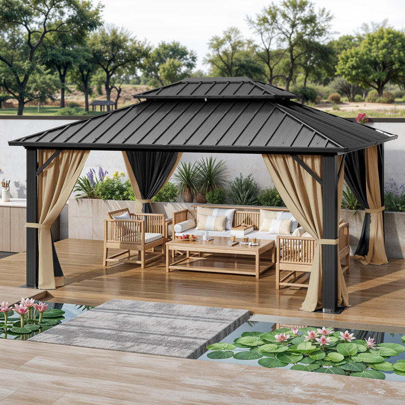 Hardtop Double-Roofed Aluminum Patio Gazebo Multiple Sizes, Brown, 11 ft x 9 ft