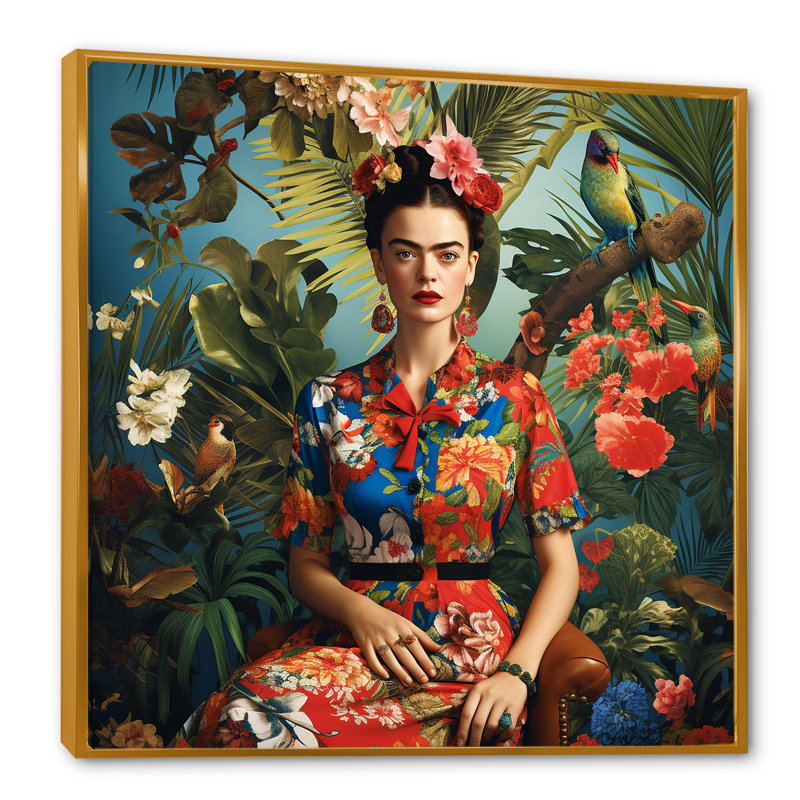 Art floral coloré coloré, œuvre d'art mexicaine II, H 44 po x l 44 po, Cadre flottant doré