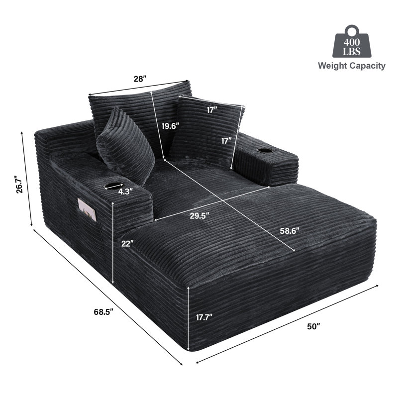 68.5'' D Upholstered Compression Chaise Lounge Chair Corduroy Sleeper Sofa With Cup Holders, Gray