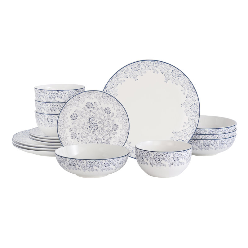 Service de vaisselle en porcelaine à motif floral bleu Lorren Home Trends, blanc, service pour 4, 16 pièces, assiettes allant au micro-ondes et au lave-vaisselle, assiettes à salade, bols.