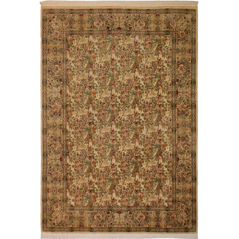 Tapis ivoire / vert en laine noué à la main 9 pi 1 po x 12 pi 9 po Roca Oriental