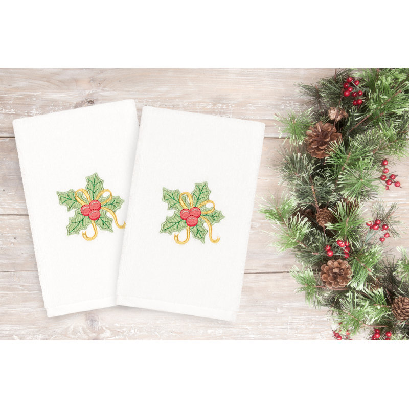 Christmas Holly Bunch Embroidered Luxury Turkish Cotton Hand Towel, White