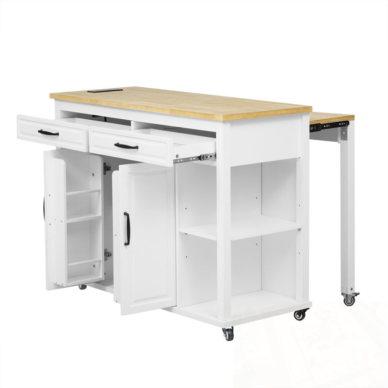Kitchen Island with Storage Rack, Power Outlet, 2 Drawers and 2 Cabinet, White