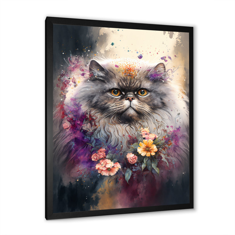 Mignon chat persan, art floral I - peinture sur toile, H 20 po x l 12 po x P 1 po, Impression noire sur toile encadrée