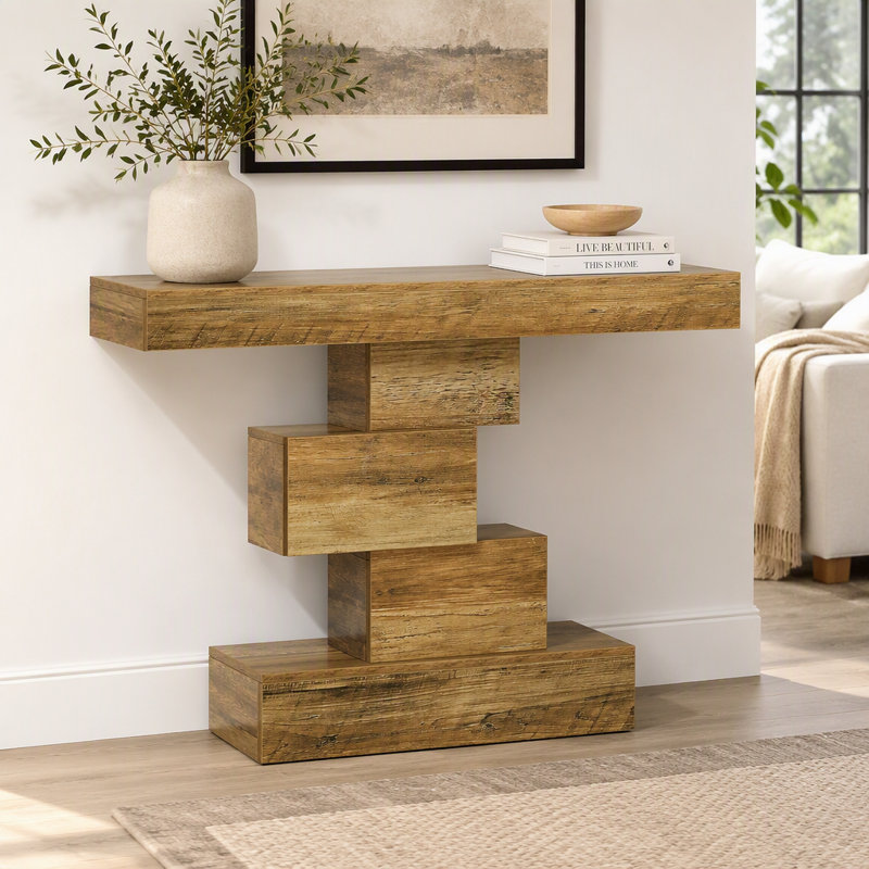 42 Inch Console Table, Narrow Entryway Table with Geometric Base, Light Brown, Light Brown, Light Brown