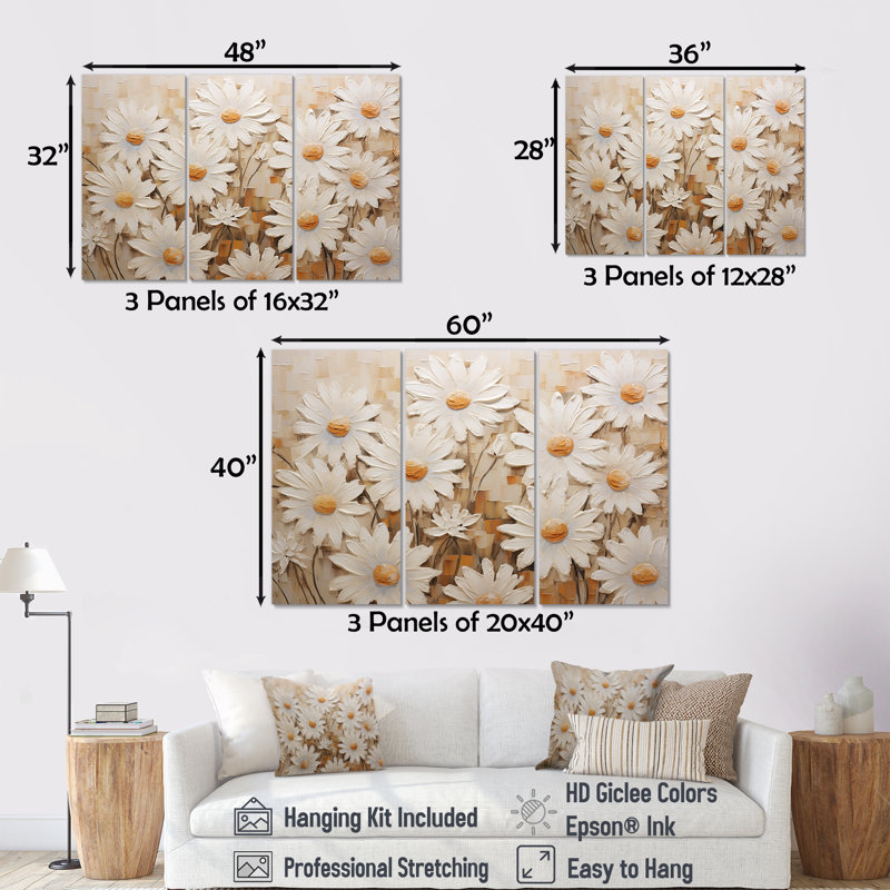 «White Daisy Fields Elegance V - Daisies», ensemble d'art sur toile, H 28 po x l 36 po x P 1 po, Toile tendue