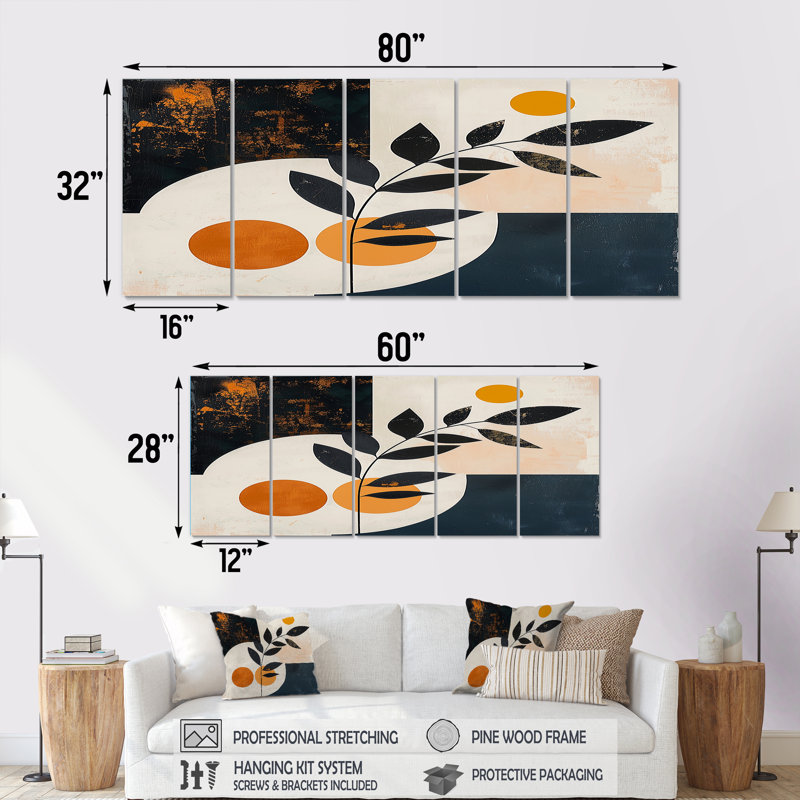 «Retro Leaves Botanical Graphic - Leaves», art mural 5 pièces, H 28 po x l 60 po