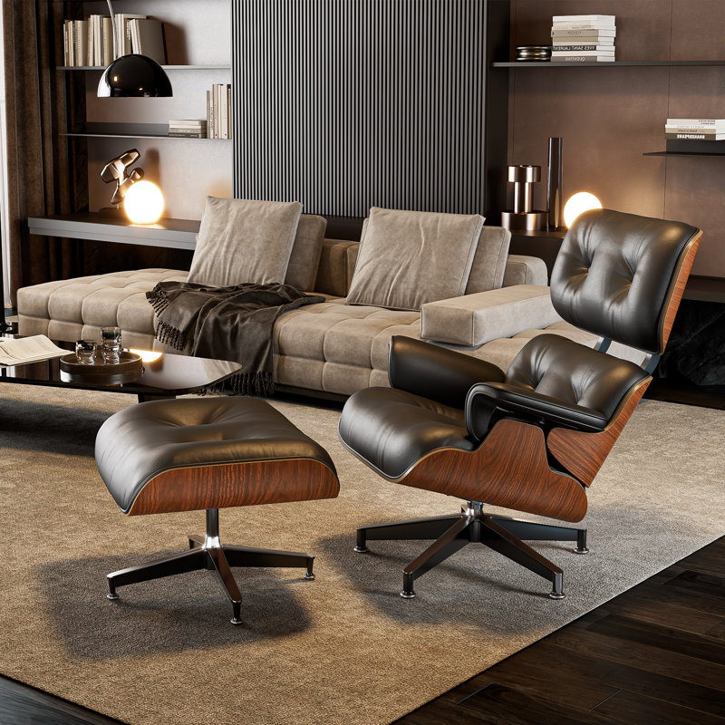 Black and Pallsander Leather Swivel Chaise Lounge Chair with Ottoman