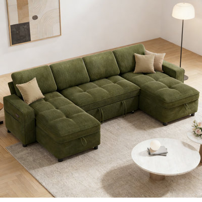 Multifunctional Sectional Sleeper Sofa With Usb/Type-C Charging, 5-Position Recline, Tool-Free Assembly, Chenille Fabric With Washable Covers-U Shape Sofa