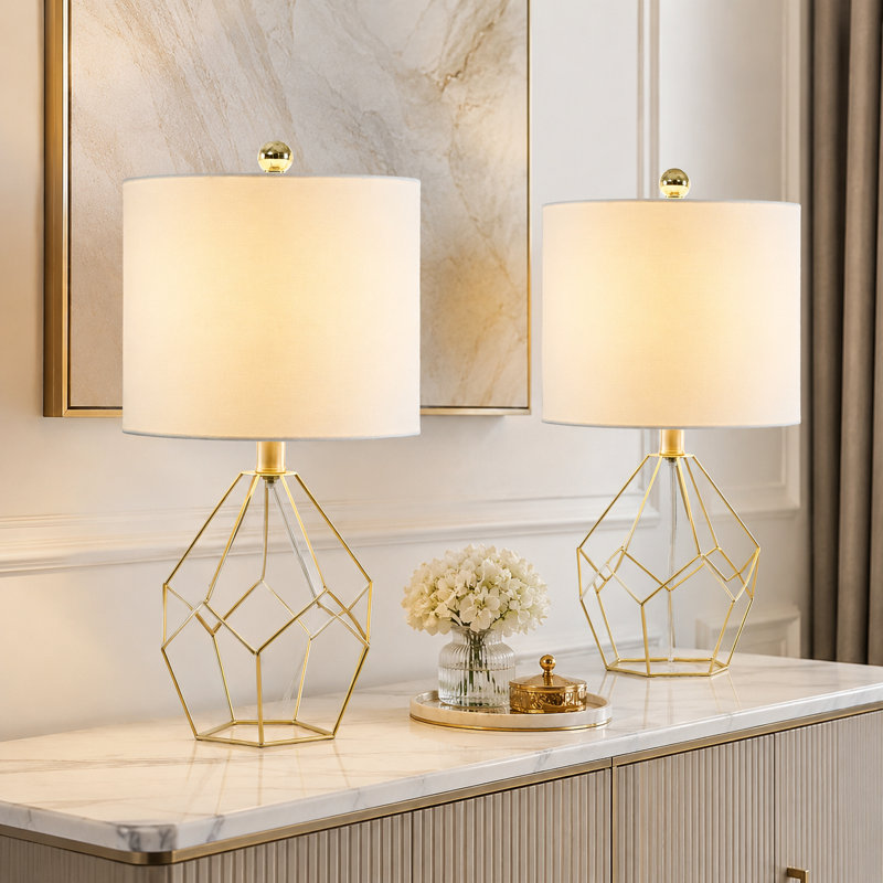 Lampe de table moderne en fer forgé de 19 po avec interrupteur rotatif et abat-jour en lin Blythe, Doré