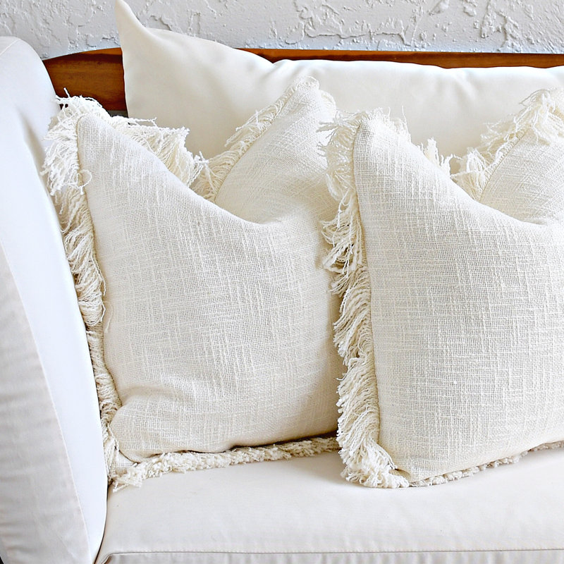 India Chic Fringe Cotton Pillow Cover, Ivory, 20" x 20"