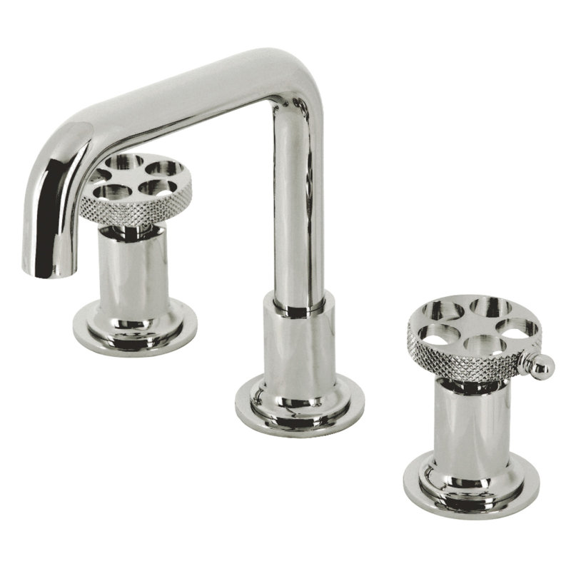 Kingston Brass Webb Two-Handle 3-Hole Deck Mount Widespread Bathroom Faucet with Knurled Handle and Push Pop-Up Drain