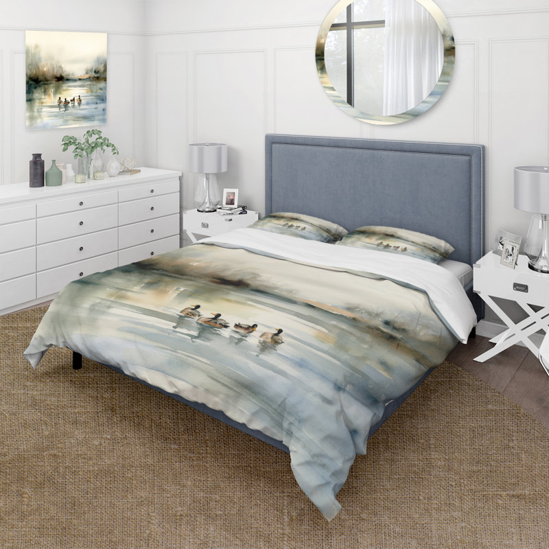 Ensemble de housse de couette en microfibre / polyester Ducks in Pond II, Housse de couette simple + 1 taie décorative stan