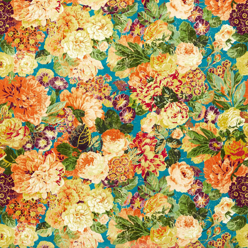Very Rose and Peony Wallpaper, Kingfisher/Rowan Berry