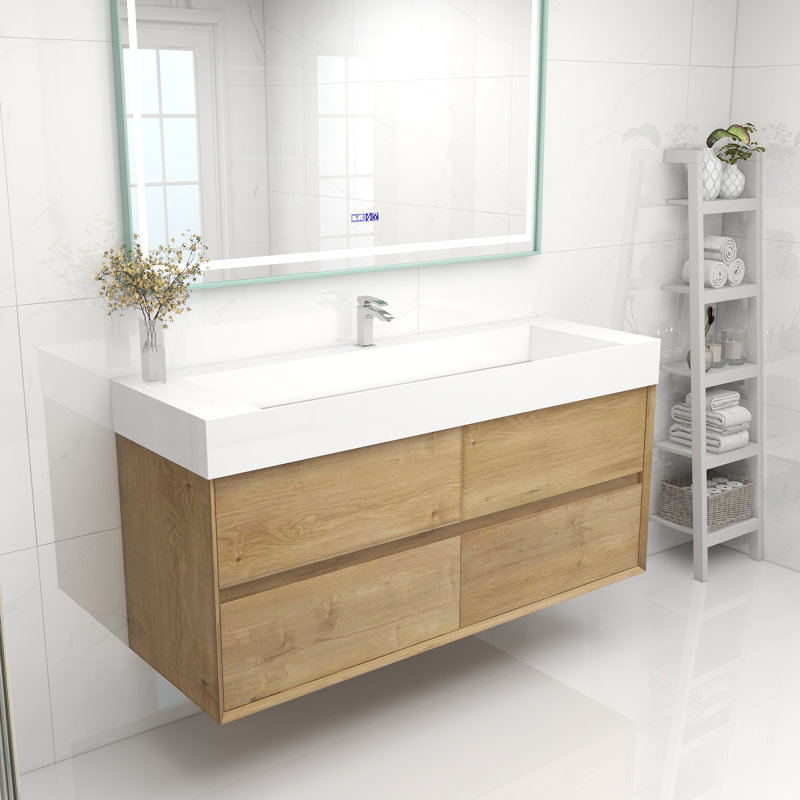60" Wall Mounted Single Bathroom Vanity, Oak