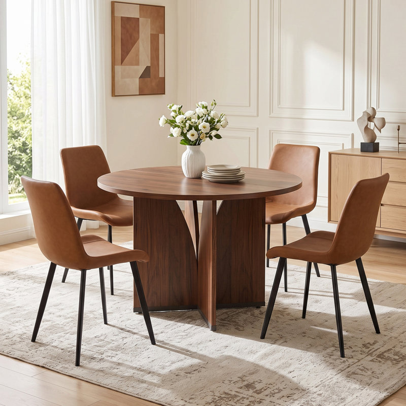 Table de salle à manger ronde en noyer de 100 cm (39,37 po), table de cuisine moderne à pied central de style milieu du siècle, 4 couverts