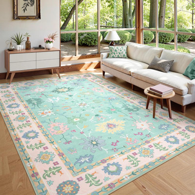 Kaldi Washable Oushak Rug, Non Slip Area Rug for Bedroom, Floral Boho Rugs Vintage Mat,Soft Rug