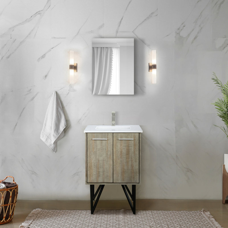 Rustique 24 po Meuble-lavabo large pour la salle de bain avec comptoir en quartz blanc, miroir coulissant encadré 18, charnières à fermeture en douceur et surface de rangement intérieure, espace de rangement de l'armoire de fermeture ovale