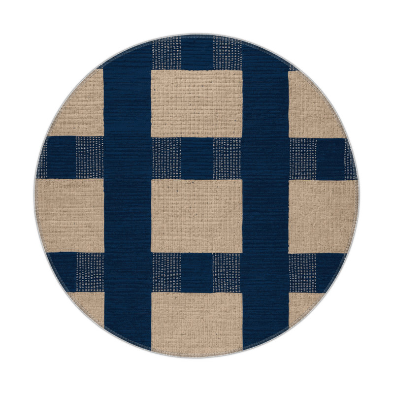 Checkered Blue Indoor and Outdoor Area Rug, Round 5'