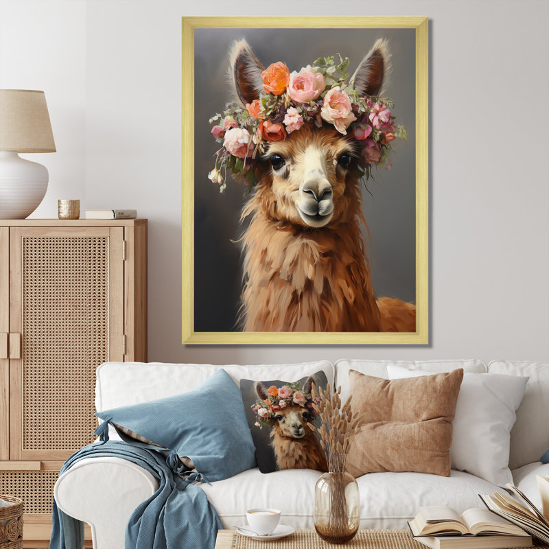 «Flower Crown Llama Wonder I», art mural lama, Cadre doré simple, H 40 po x l 30 po x P 1,5 po
