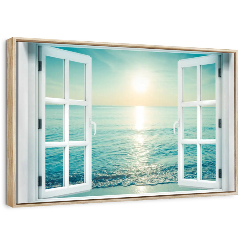 Fenêtre sur le paysage marin, Cadre flottant en bois naturel, 43 po x 29 po