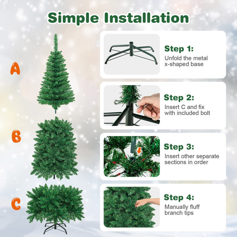 Arbre de Noël 7,5 pi avec 250 lumières à DEL blanches artificielles pré-éclairées en PVC 7,5 pi - Design mince à deux tons, facile à assembler pour la maison, le bureau et les fêtes (vert, 743 pointes)