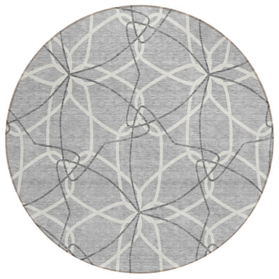 8' Gray And Ivory Round Geometric Washable Indoor Outdoor Area Rug