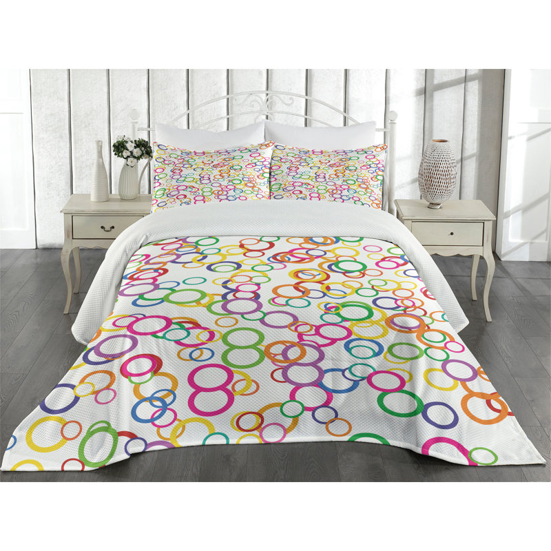 King Size White Quilted Bedspread Set with Colorful Circles