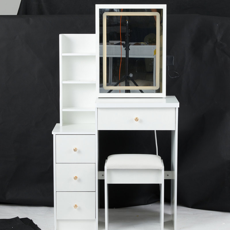 Left Bedside Cabinet Vanity - Sliding Led Mirror With 3 Color Options & Brightness Adjustable White , American Charm Mirror, Switching, Brightness, Cushioned Stool, Suited For Compact Spaces,