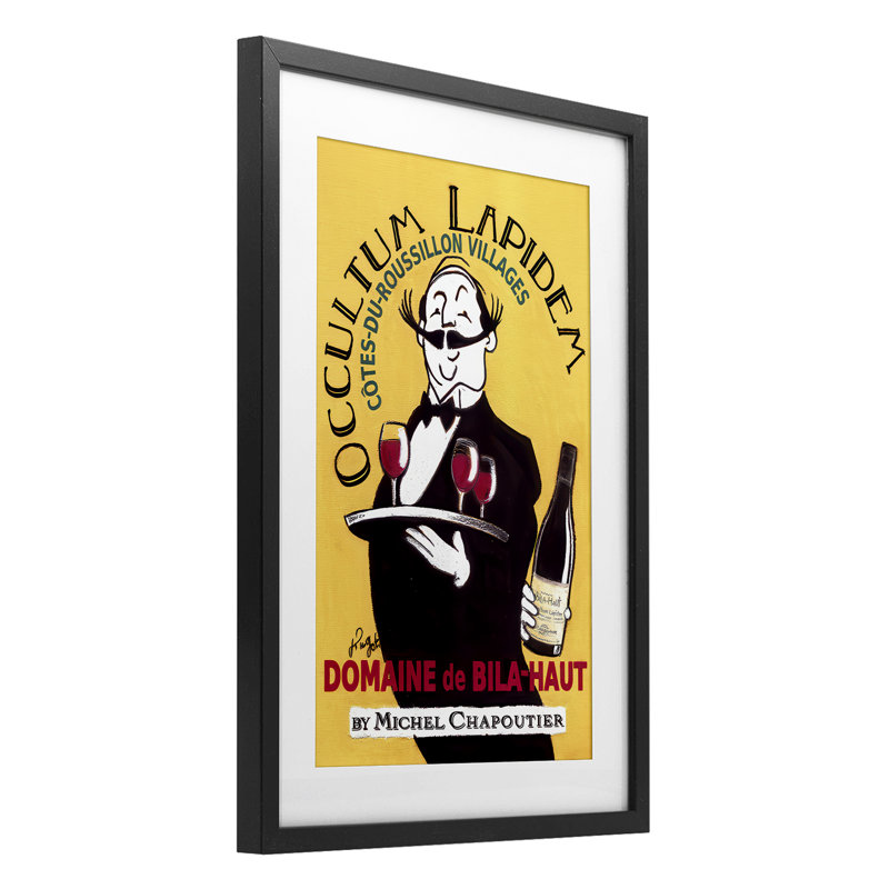 Reproduction sous verre rétro encadrée de serveur et de vin par Jean-Pierre Got, H 20 po x l 14 po, Cadre noir minuit