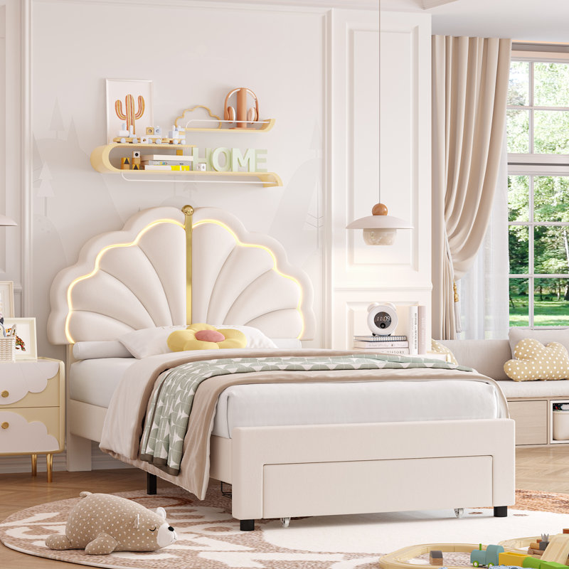 Upholstered LED Bed, Princess Bed Frame with Drawers, White, Twin