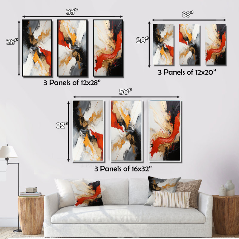 «Midnight Passion Abstract Wave» écarlate et or - ensemble de 3 impressions, Cadre blanc, H 32 po x l 48 po