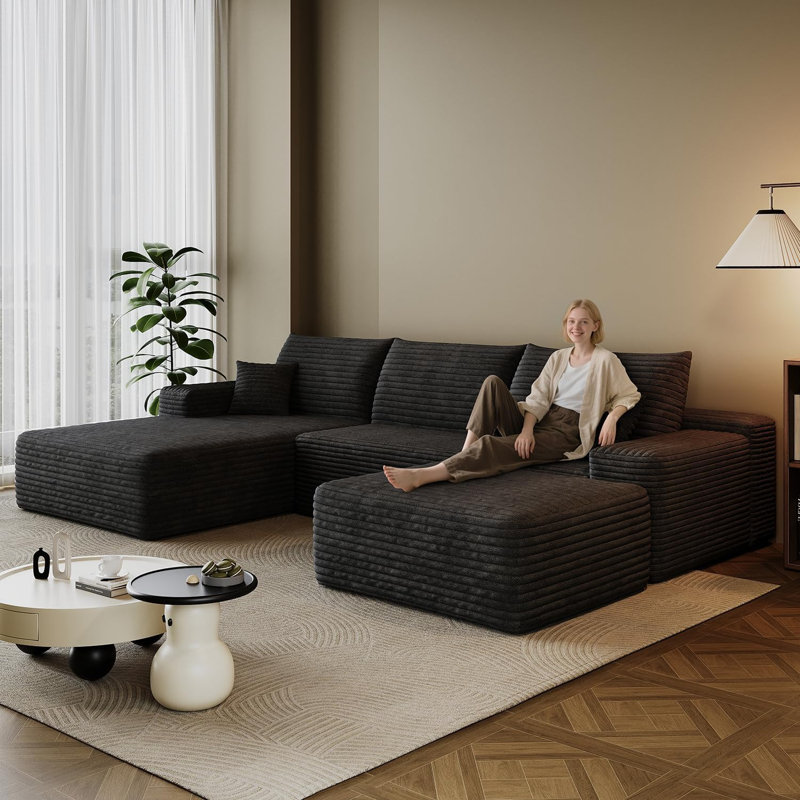 Boneless 107.5" Boneless Sectional Couch Modern Modular U - Shape Corduroy Upholstered Sofa for Living Room - Deep Seat with Chaise and Ottoman(Green, 2 Seater+Left Facing Chaise+Ottoman)