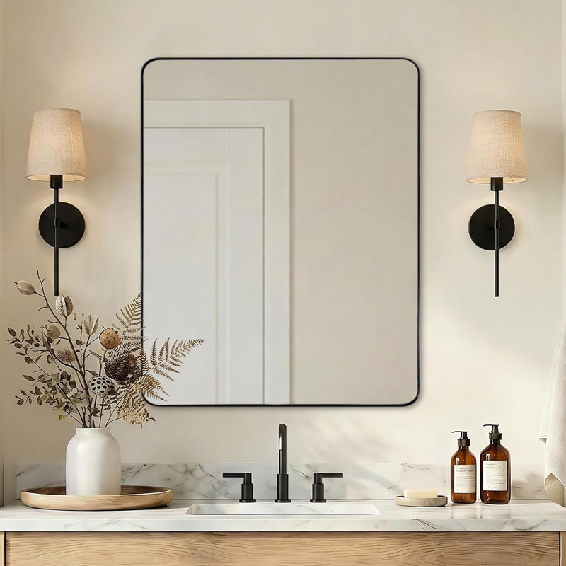 Inse Modern Rounded Rectangle Bathroom Vanity Mirror | Stainless Steel Frame, Matte Black, 30" x 24"