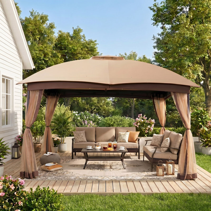 10Ft.W x 12Ft.D Steel Patio Gazebo with Netting (QUICK SETUP), Khaki
