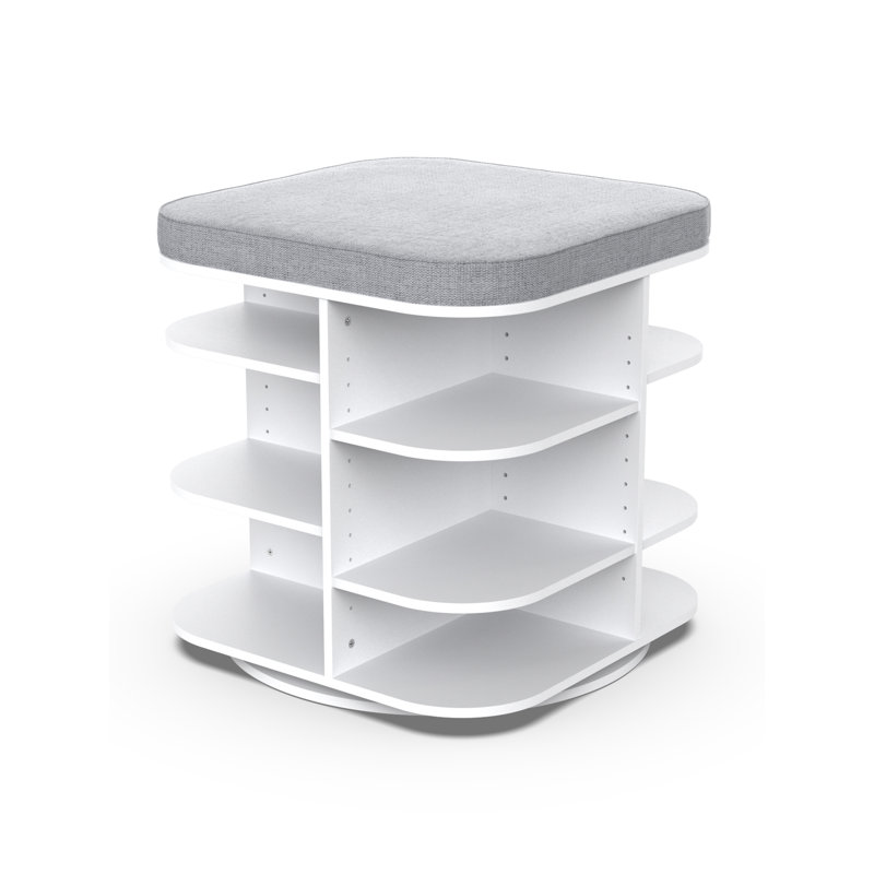 White Rotating Shoe Storage Bench with Gray Cushion